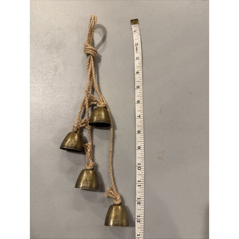 Vintage Door Hanger With 4 Brass Bells Rope Ring 13" Cottage, Coastal, Boho,